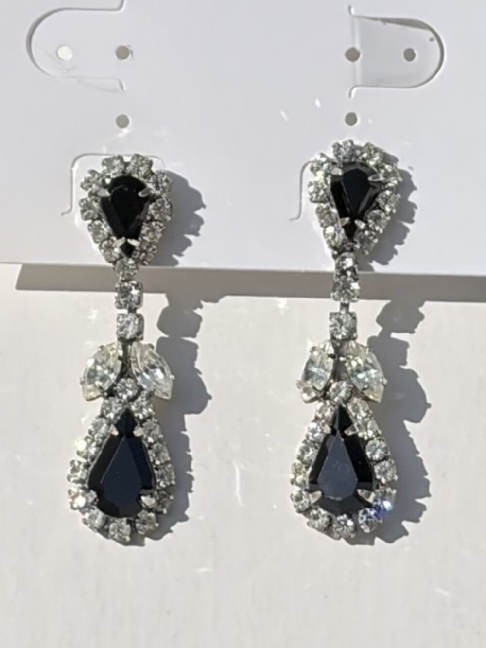 Vintage 80s Pear Cut Black Onyx Rhinestone Halo Crystal Chandelier Drop Earrings
